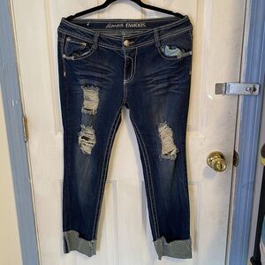 Almost Famous Jeans Women Sz 11 Stretch Distressed Blue Low Rise Cuffed Hem